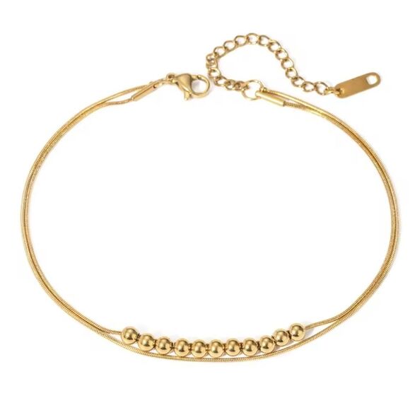 New 18k Gold Ss Double Snake Chain Anklet / Bracelet with Gold Beaded Detail - Picture 8 of 10